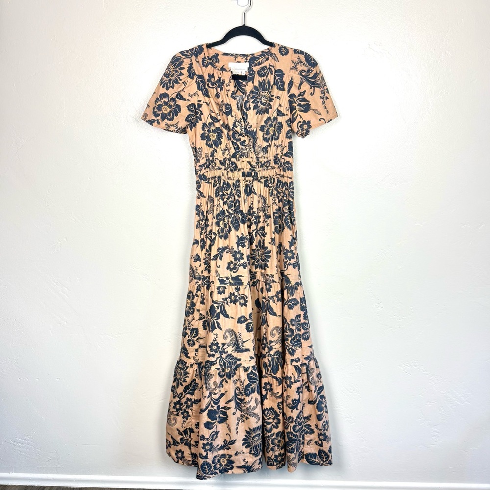 Anthropologie Somerset Style Floral Maxi Dress Tan Blue Cotton XS